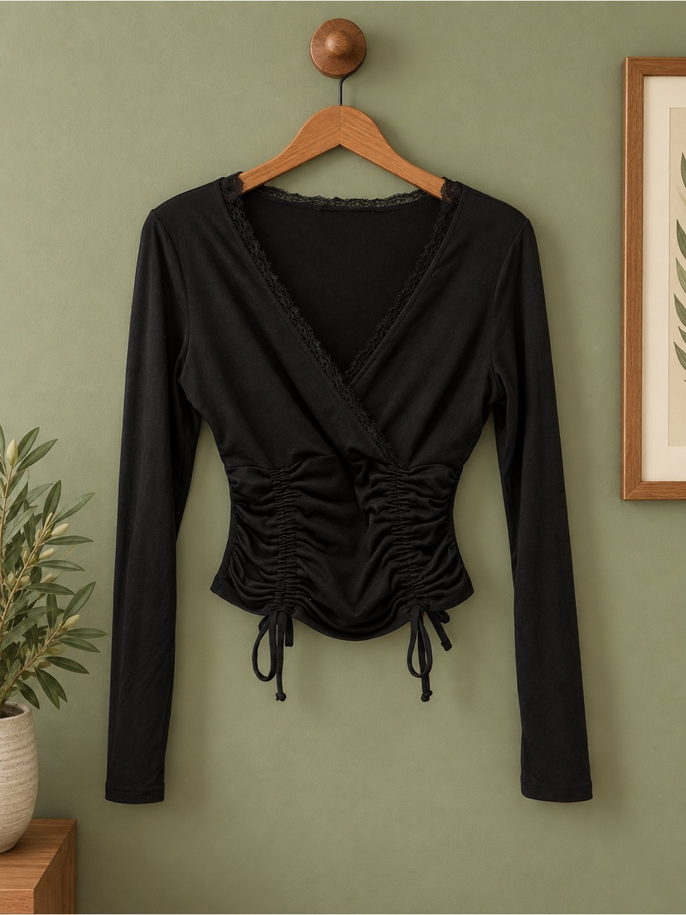 Womens Black Lace-Trim Ruched Wrap Top